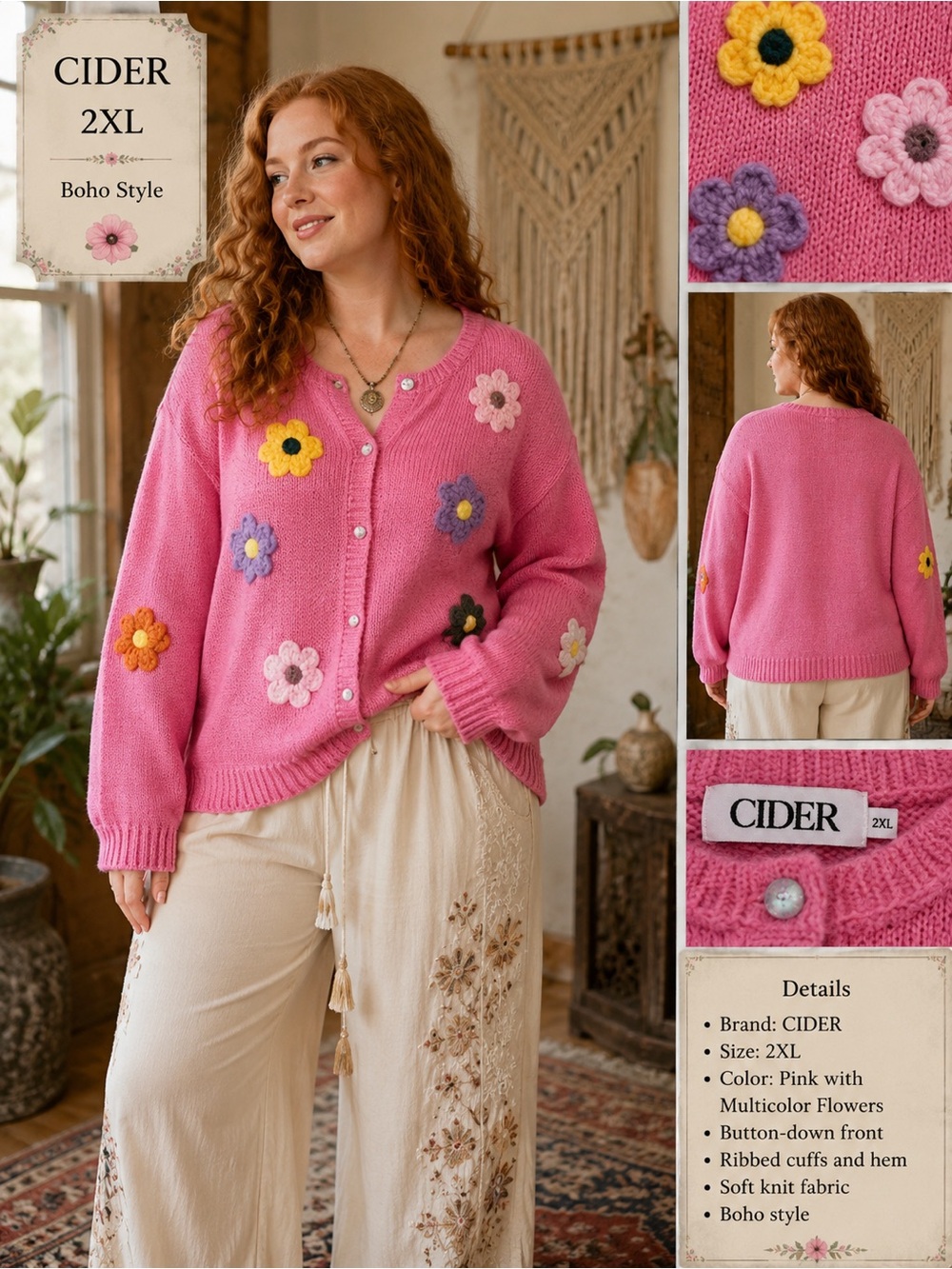 NWOT - 2X - Cider - Pink Floral Crochet-Appliqué Button Cardigan